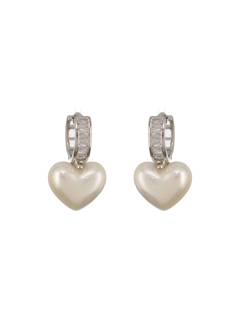 Silver Plated Faux Pearl Studded Heart Shaped Small  Minimal Hoop Earrings : STER8115