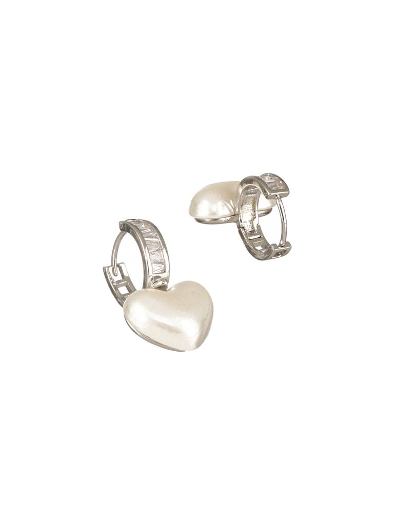 Silver Plated Faux Pearl Studded Heart Shaped Small  Minimal Hoop Earrings : STER8115