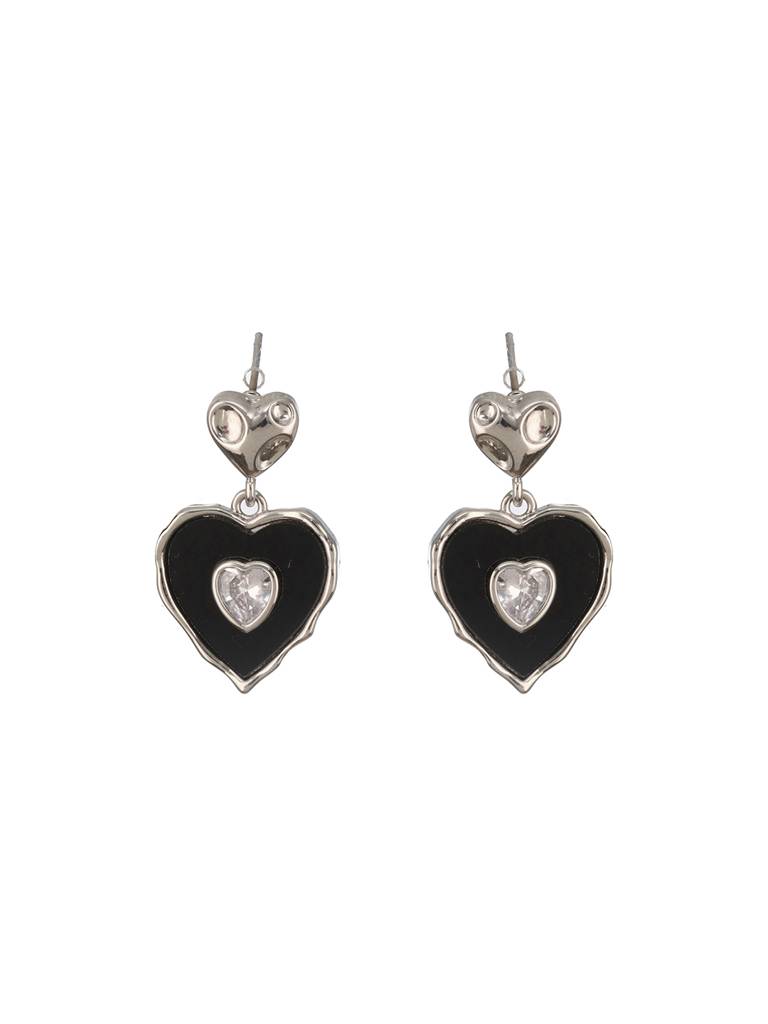 Silver Plated Black Enamelled Heart Shaped Minimal  Drop Down Studs Earrings : STER8116