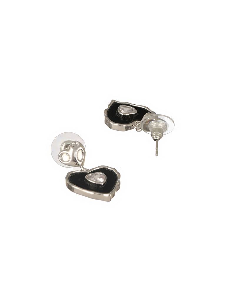 Silver Plated Black Enamelled Heart Shaped Minimal  Drop Down Studs Earrings : STER8116