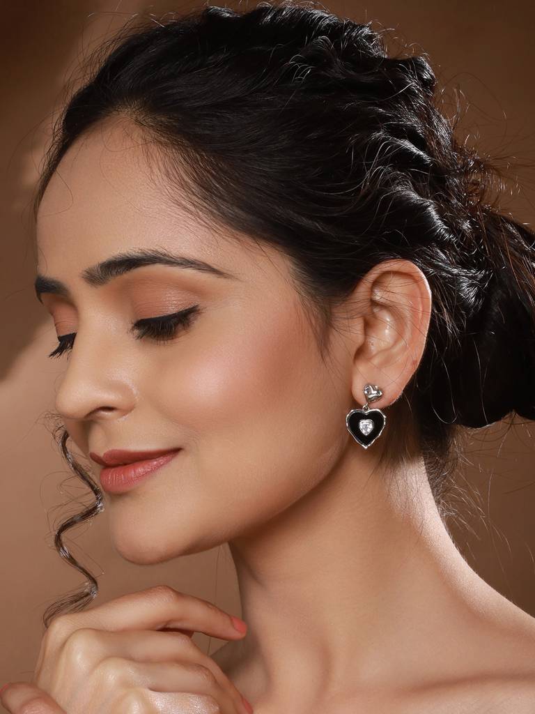 Silver Plated Black Enamelled Heart Shaped Minimal  Drop Down Studs Earrings : STER8116