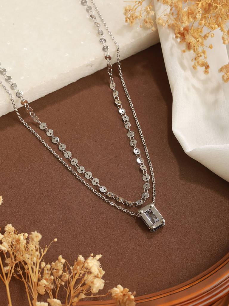Anti-Tarnish Rhodium Plated Layered Ball Chain Shiny Geometric Square Stone  Necklace Chain Silver Stainless Steel