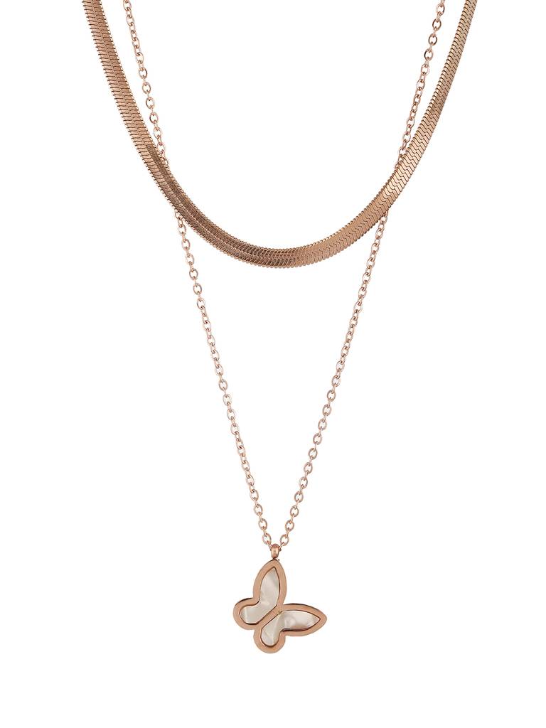 Anti-Tarnish Rose Gold Polish Layered Snake Chain Butterfly Necklace & Chain : STLK8131