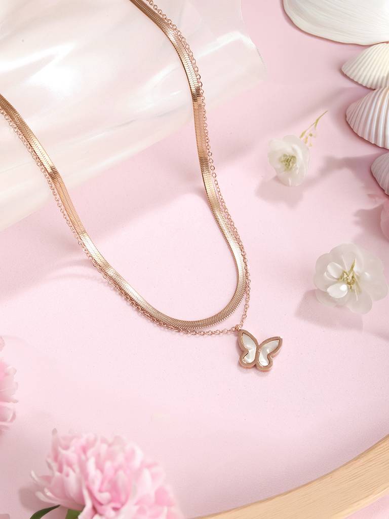 Anti-Tarnish Rose Gold Polish Layered Snake Chain Butterfly Necklace & Chain : STLK8131