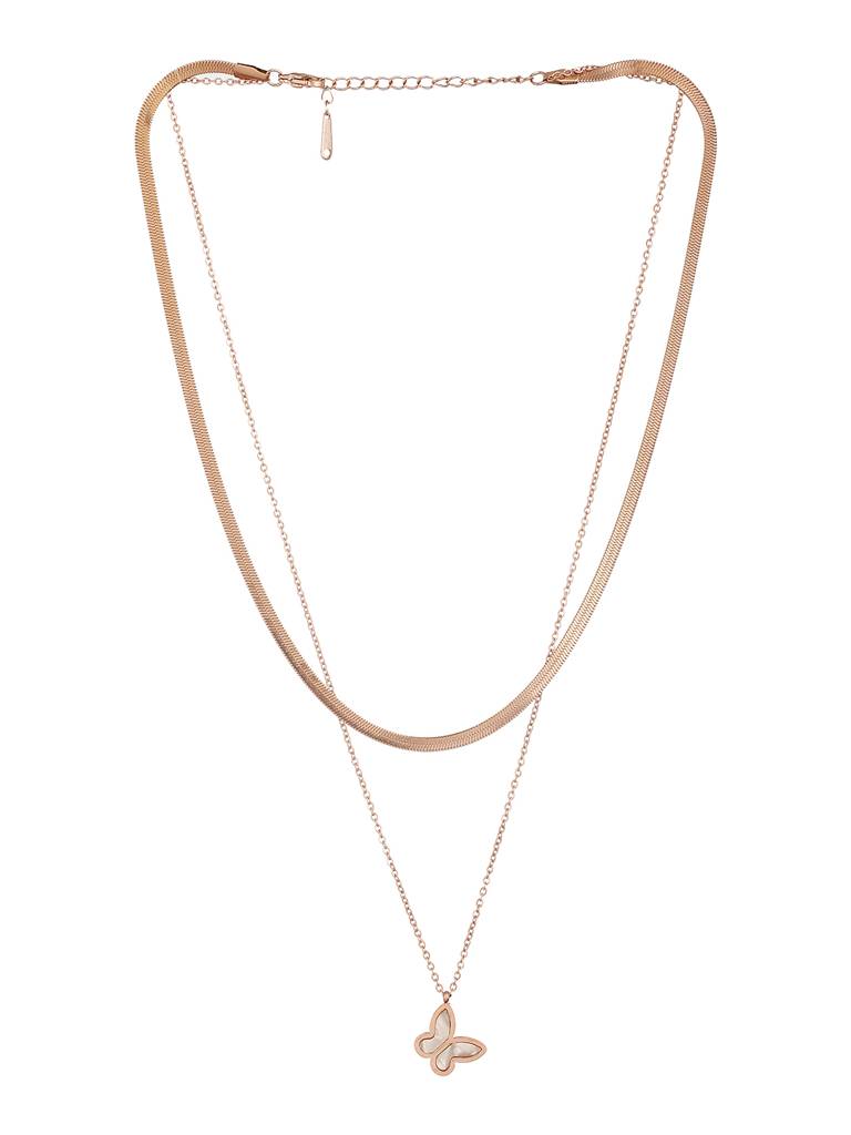 Anti-Tarnish Rose Gold Polish Layered Snake Chain Butterfly Necklace & Chain : STLK8131