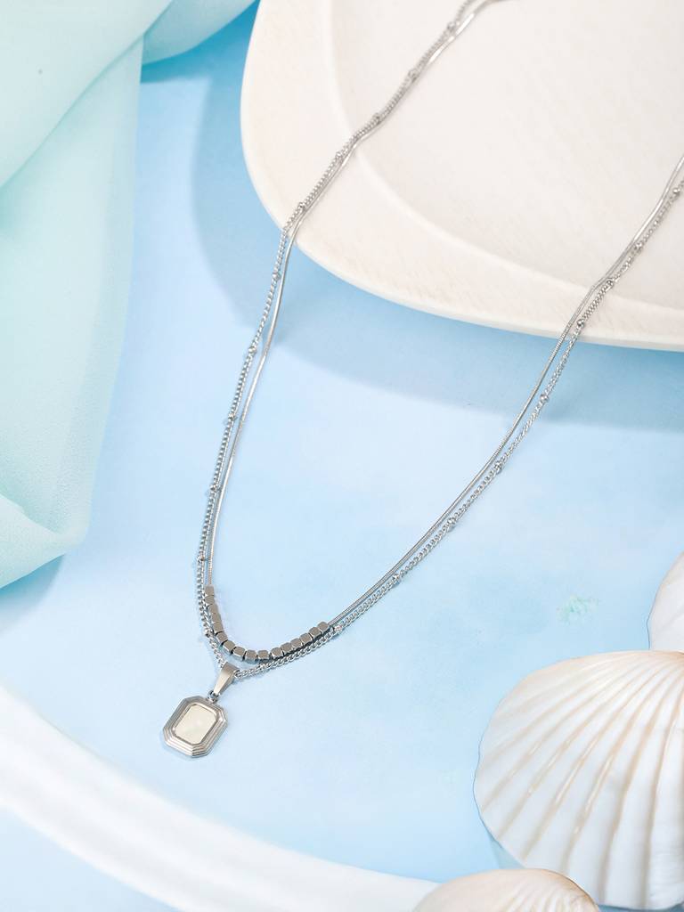 Anti-Tarnish Rhodium Plated Layered Minimal Geometric Pendant Necklace & Chain : STLK8132