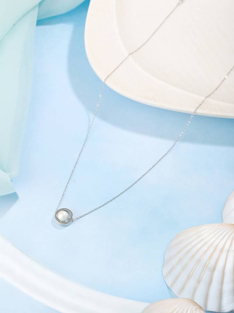 Anti-Tarnish Rhodium Plated Minimal Orbital Pearl Necklace & Chain : STLK8135
