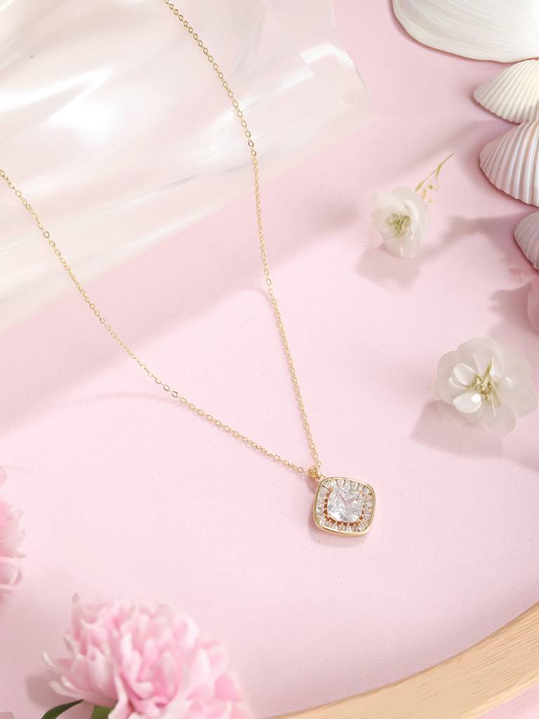 Anti-Tarnish Gold Toned  Minimal Solitaire Crystal Pendant Necklace & Chain : STLK8136