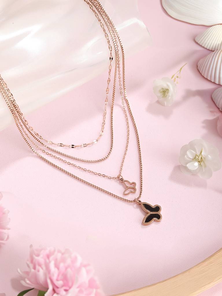 Anti-Tarnish Rose Gold Layered Chunky Shadow Butterfly Pendant Necklace  Chain Rose Gold Stainless Steel