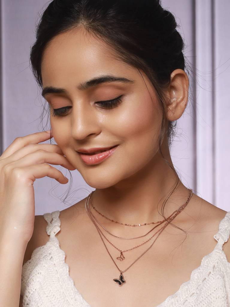 Anti-Tarnish Rose Gold  4 Layered Chunky Shadow  Butterfly Pendant Necklace & Chain : STLK8137