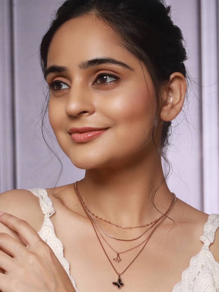 Anti-Tarnish Rose Gold  4 Layered Chunky Shadow  Butterfly Pendant Necklace & Chain : STLK8137