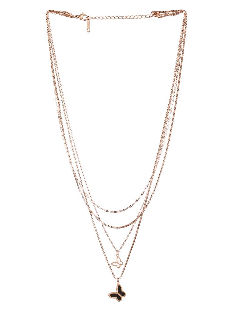 Anti-Tarnish Rose Gold  4 Layered Chunky Shadow  Butterfly Pendant Necklace & Chain : STLK8137