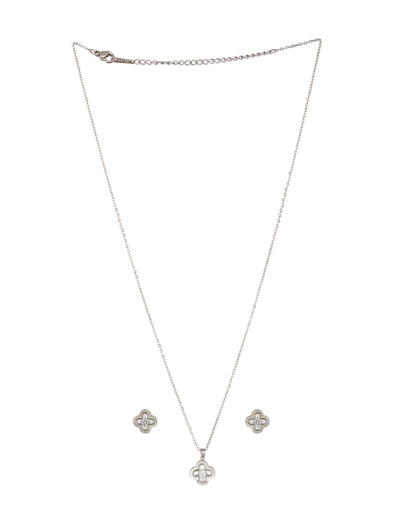 Anti-Tarnish Rhodium Plated Ad Studded  Minimal Floral Pendant Jewellery Set : STLK8138