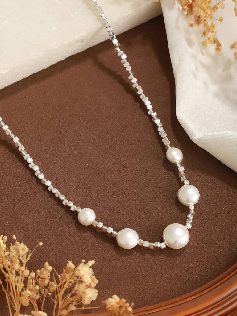 Anti-Tarnish Rhodium Plated Celestial Faux  Pearl Luxurious Necklace & Chain : STLK8142