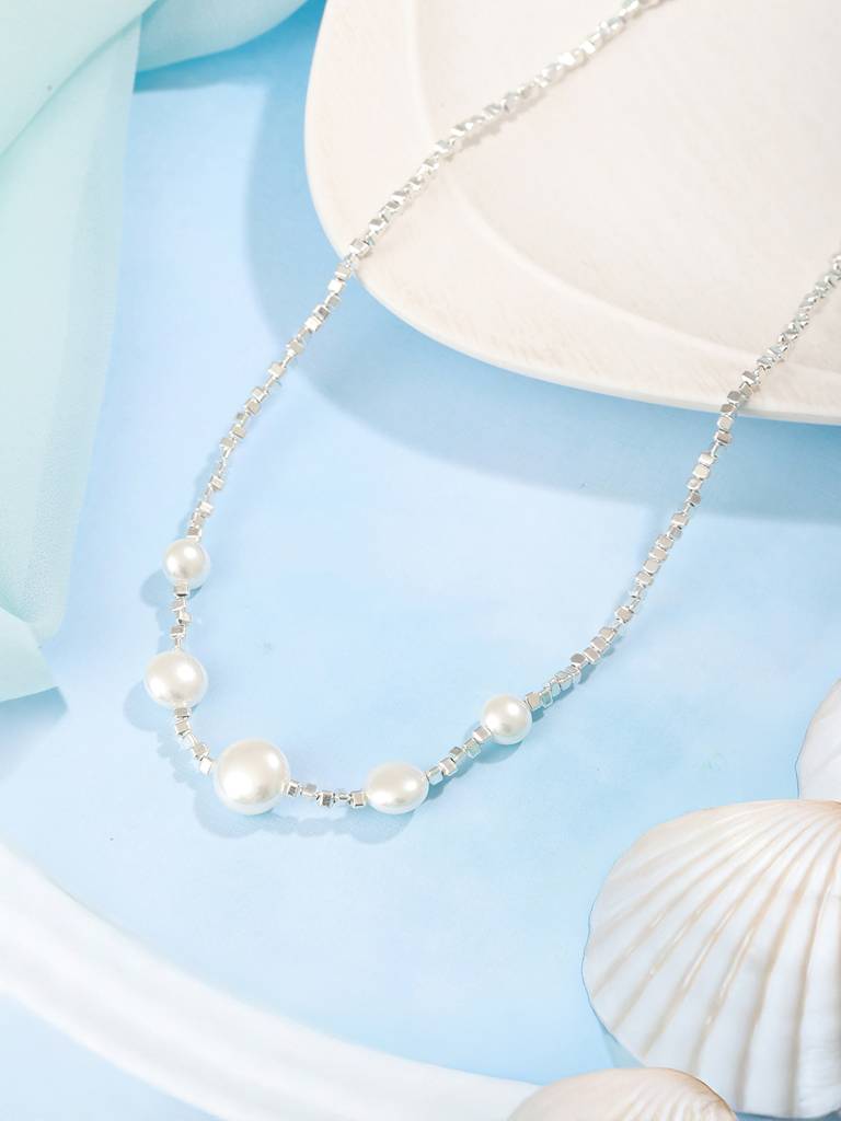 Anti-Tarnish Rhodium Plated Celestial Faux  Pearl Luxurious Necklace & Chain : STLK8142