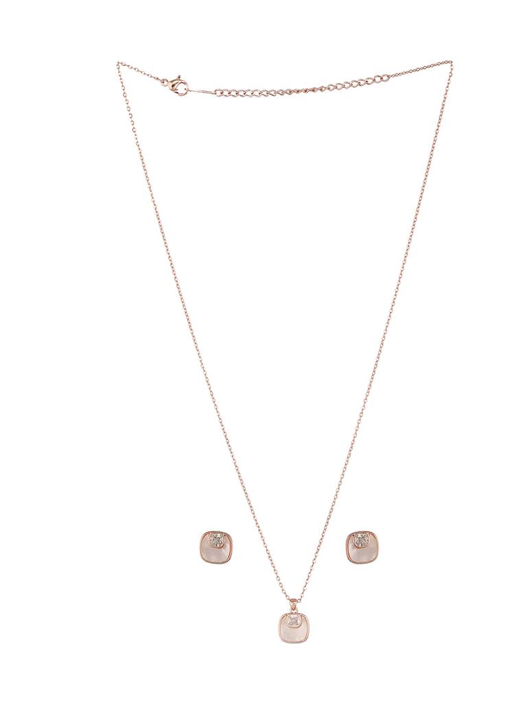Anti-Tarnish Rose Gold Plated Minimal Faux Pearl Geometric Square Pendant Chain Jewellery Set : STLK8143