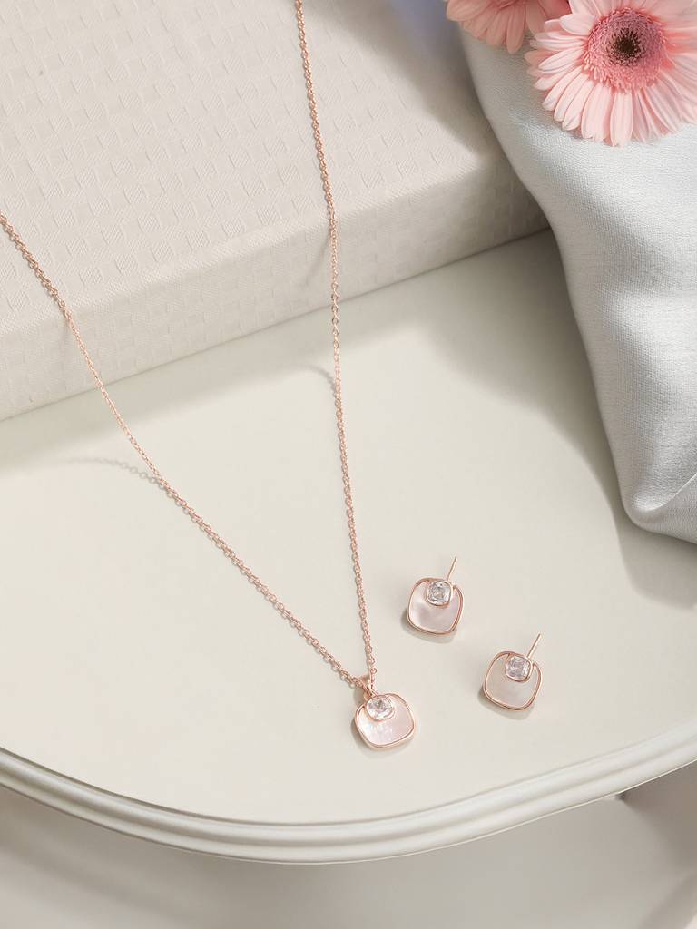 Anti-Tarnish Rose Gold Plated Minimal Faux Pearl Geometric Square Pendant Chain Jewellery Set : STLK8143