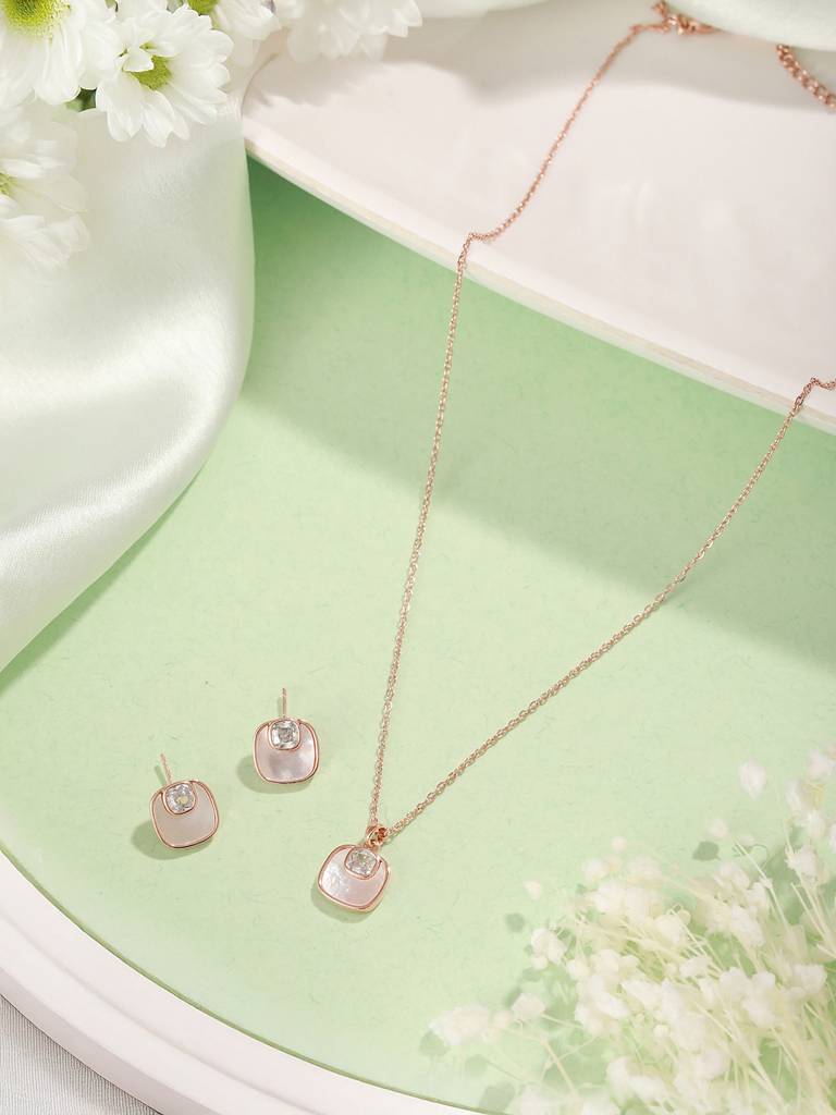 Anti-Tarnish Rose Gold Plated Minimal Faux Pearl Geometric Square Pendant  Chain Jewellery Set Multi Stainless Steel