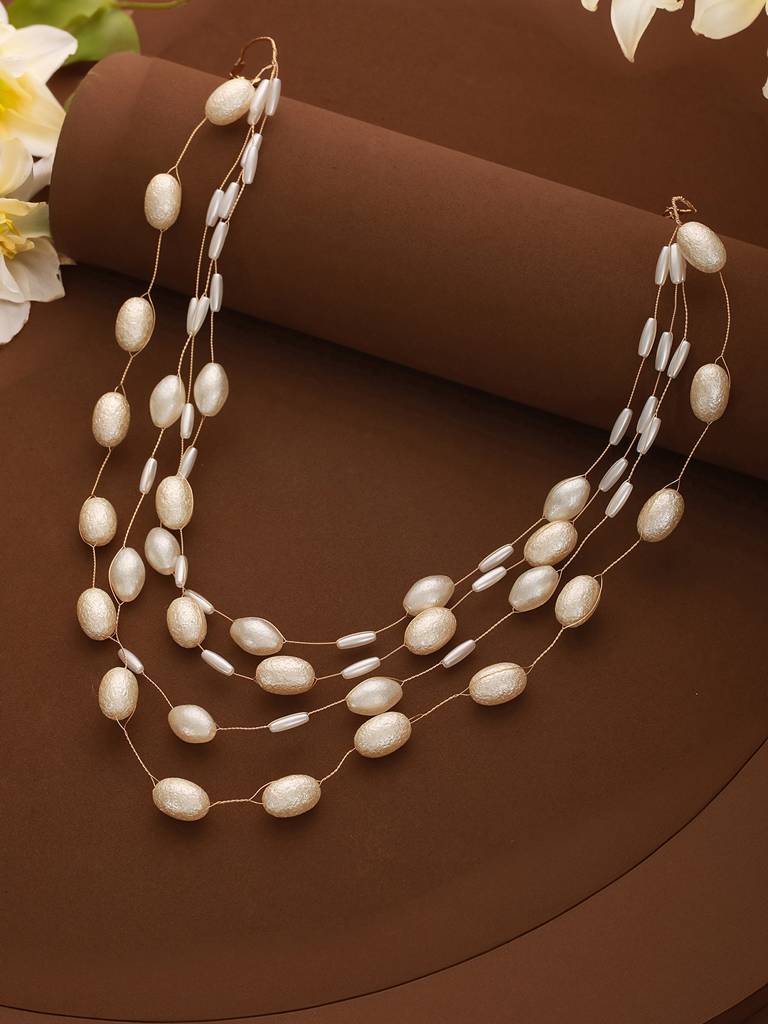 Anti-Tarnish Gold Toned Pearl Minimal Luxurious  Layered Necklace & Chain : STLK8149