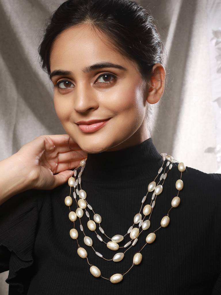 Anti-Tarnish Gold Toned Pearl Minimal Luxurious  Layered Necklace & Chain : STLK8149