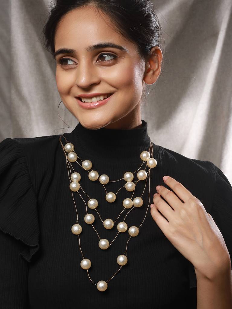 Anti-Tarnish Gold Toned Minimal Round Pearl Layered Necklace & Chain : STLK8150
