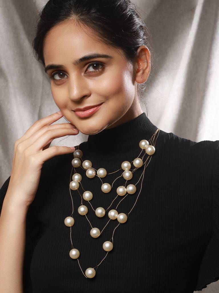 Anti-Tarnish Gold Toned Minimal Round Pearl Layered Necklace & Chain : STLK8150
