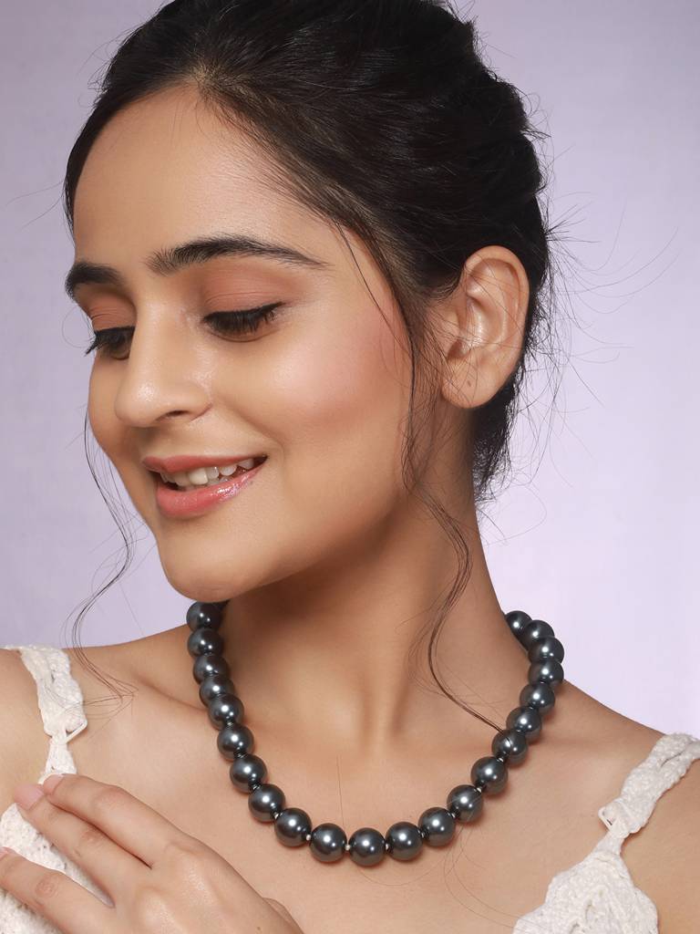Anti-Tarnish Grey Faux Pearls Stirng Mala Dailywear Necklace & Chain : STLK8152