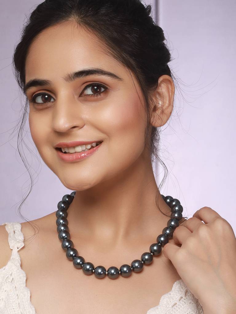 Anti-Tarnish Grey Faux Pearls Stirng Mala Dailywear Necklace & Chain : STLK8152