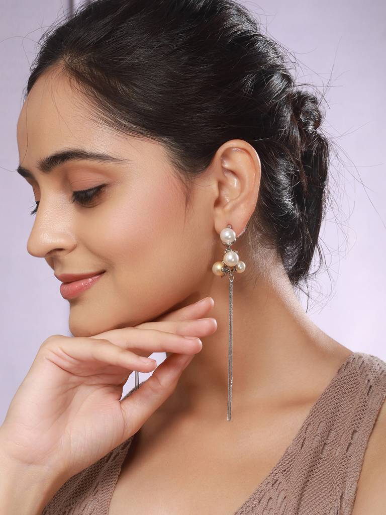 Anti-Tarnish Pearl Bunch Designer Long Chain Drop Studs Earrings : STER8153