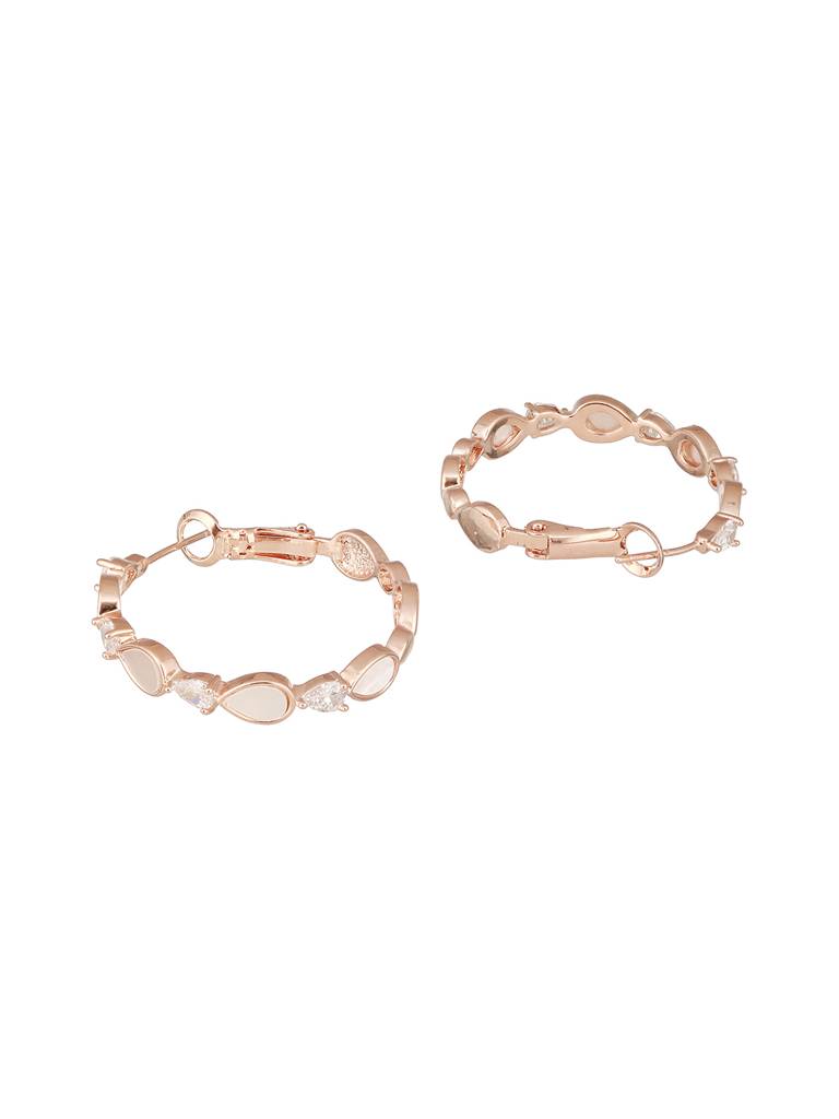 Anti-Tarnish Rose Gold Toned Faux Pearl Ad Studded Hoop Minimal Bali Earrings : STER8154
