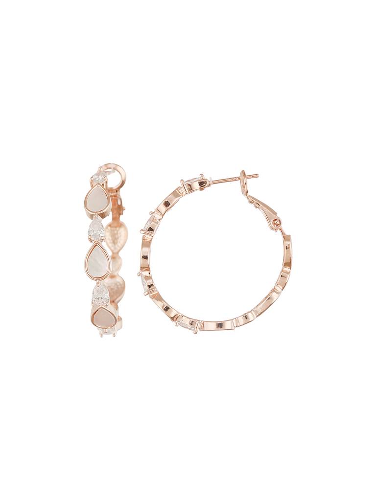 Anti-Tarnish Rose Gold Toned Faux Pearl Ad Studded Hoop Minimal Bali Earrings : STER8154