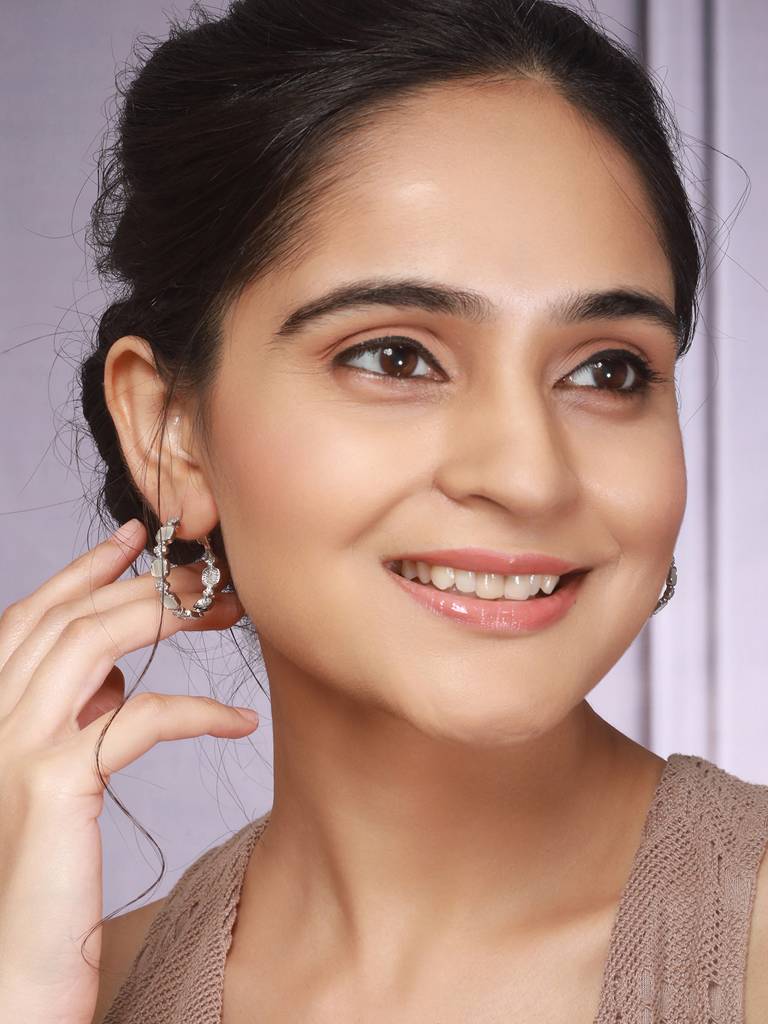 Anti-Tarnish Rhodium Plated Faux Pearl Ad Studded Hoop Bali Earrings : STER8155