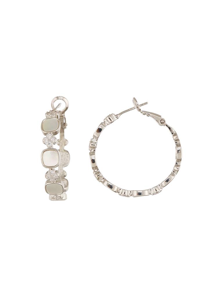 Anti-Tarnish Rhodium Plated Faux Pearl Ad Studded Hoop Bali Earrings : STER8155