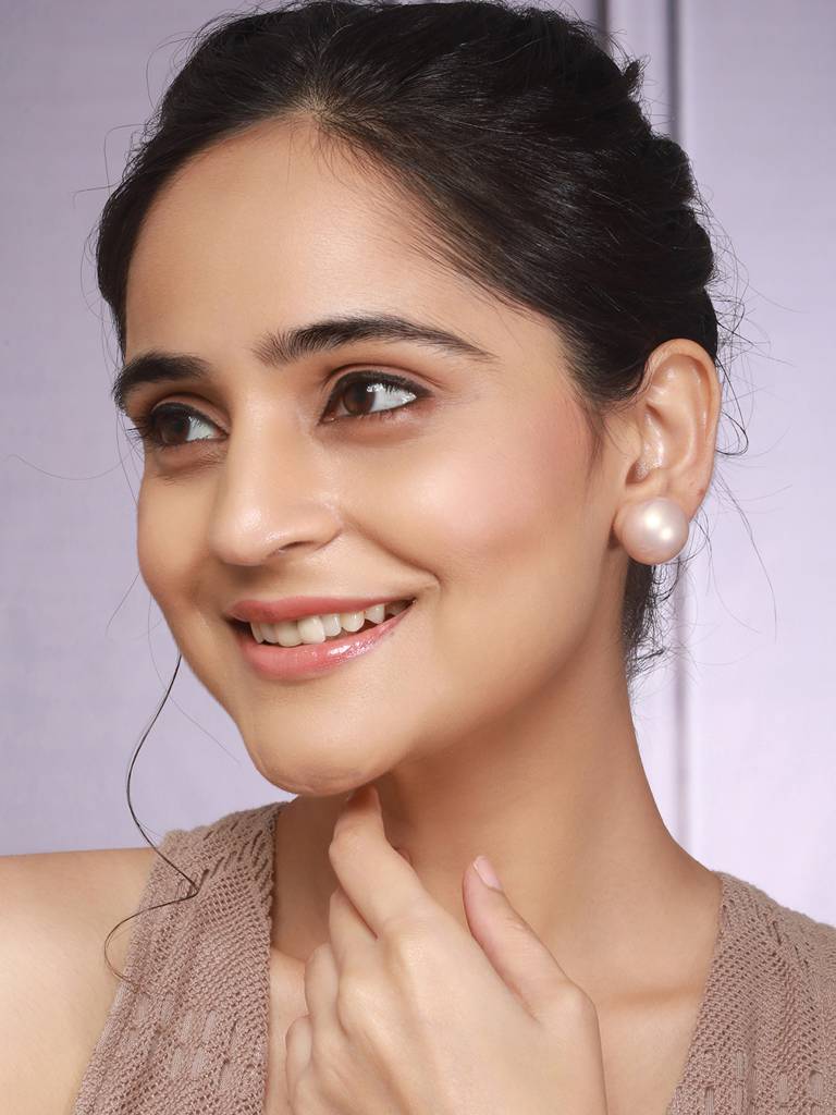 Anti-Tarnish Rose Toned Round Button Pearl Of 20Mm Studds Earrings : STER8162