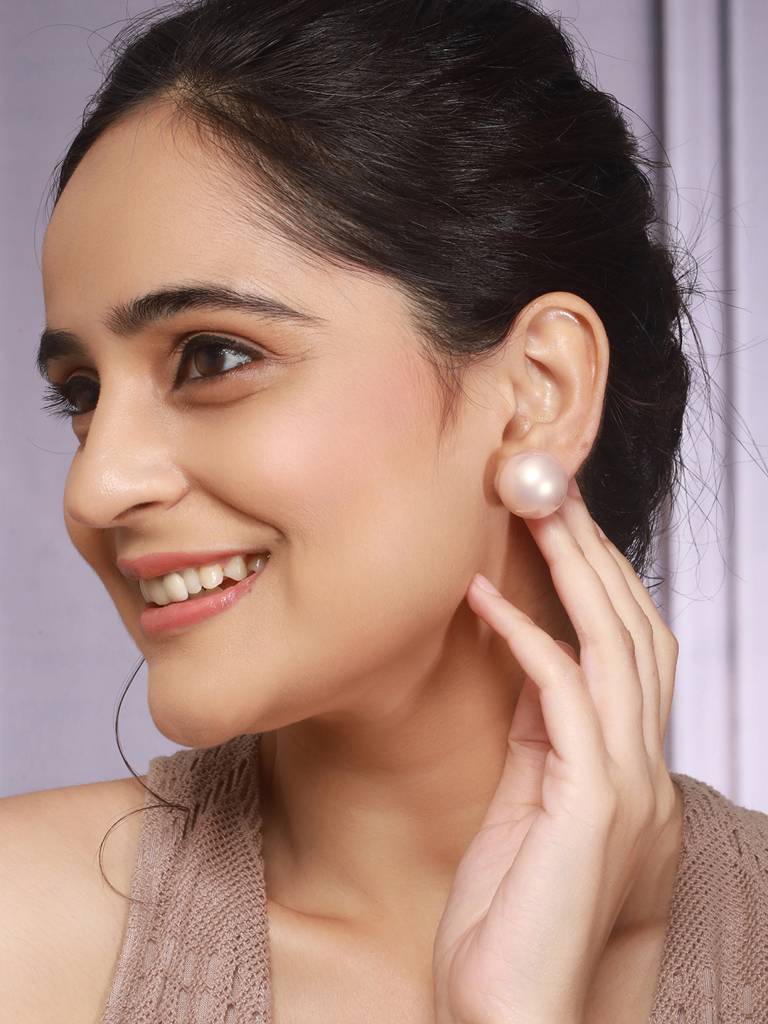 Anti-Tarnish Rose Toned Round Button Pearl Of 20Mm Studds Earrings : STER8162