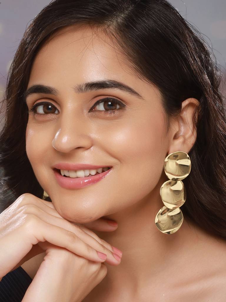 Anti-Tarnish Gold Plated Hammered Statement Dropdown Earrings : STER8173
