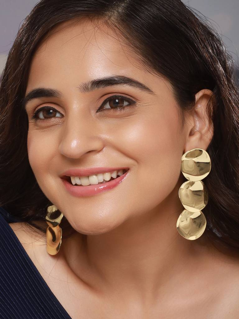 Anti-Tarnish Gold Plated Hammered Statement Dropdown Earrings : STER8173