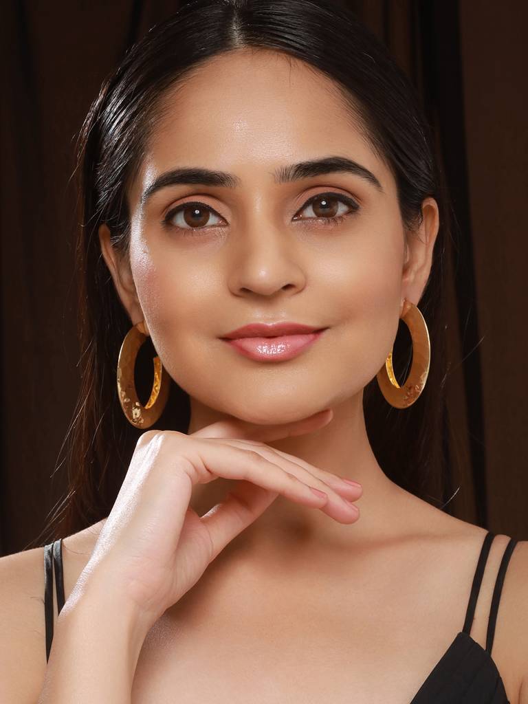 Anti-Tarnish Gold Plated Hammered Casual Hoop Earrings : STER8174