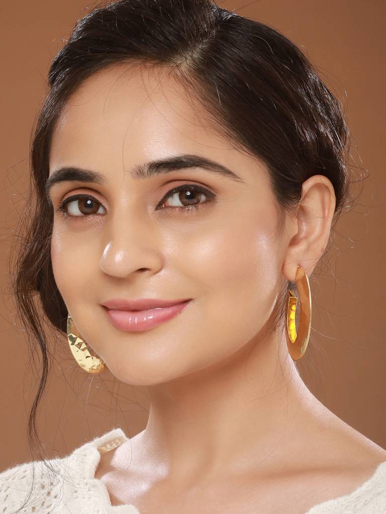 Anti-Tarnish Gold Plated Hammered Casual Hoop Earrings : STER8174