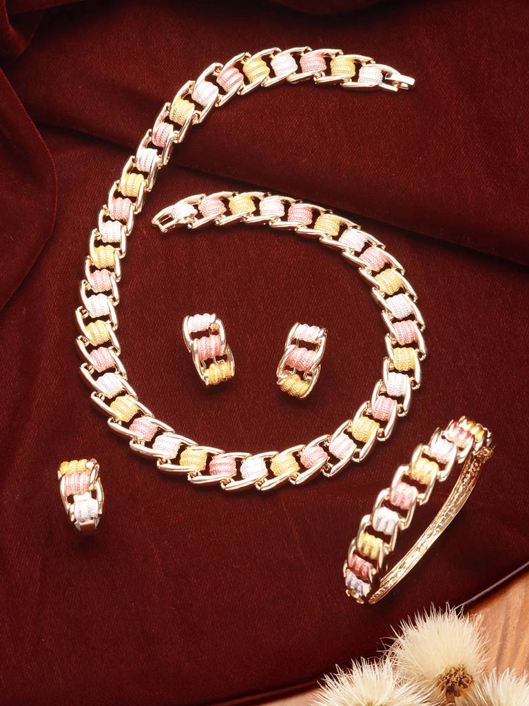 Anti-Tarnish Rose Gold Plated Tricolor Combo Jewellery Set : STNK8178