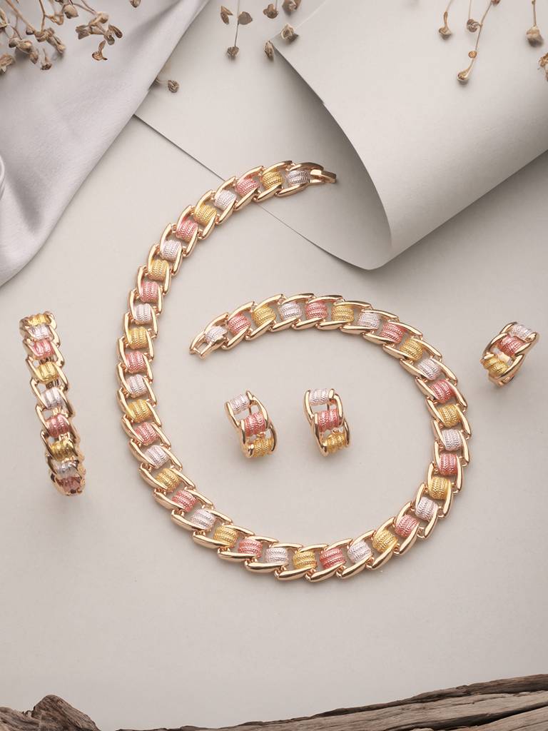 Anti-Tarnish Rose Gold Plated Tricolor Combo Jewellery Set : STNK8178