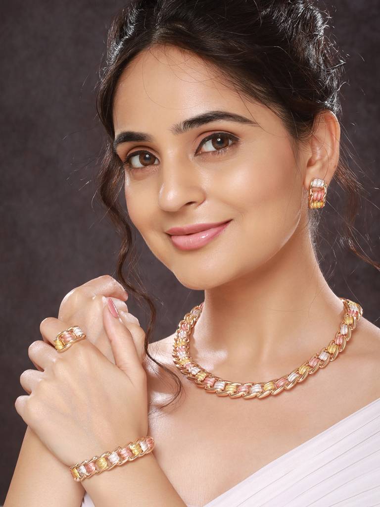 Anti-Tarnish Rose Gold Plated Tricolor Combo Jewellery Set : STNK8178