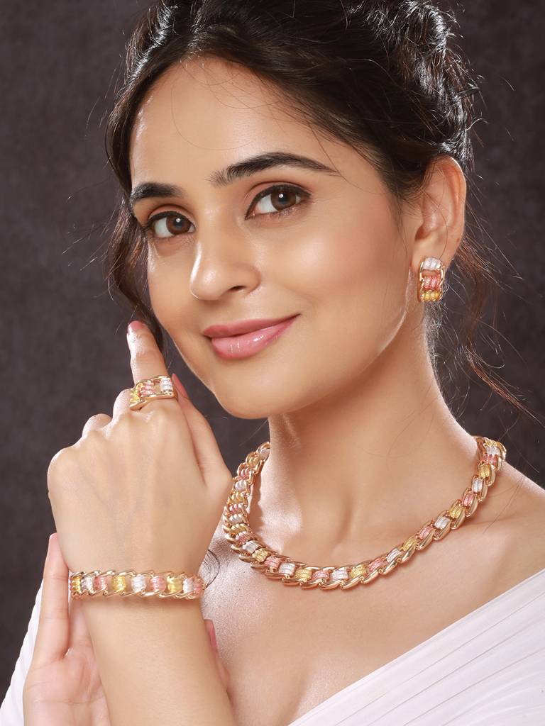 Anti-Tarnish Rose Gold Plated Tricolor Combo Jewellery Set : STNK8178