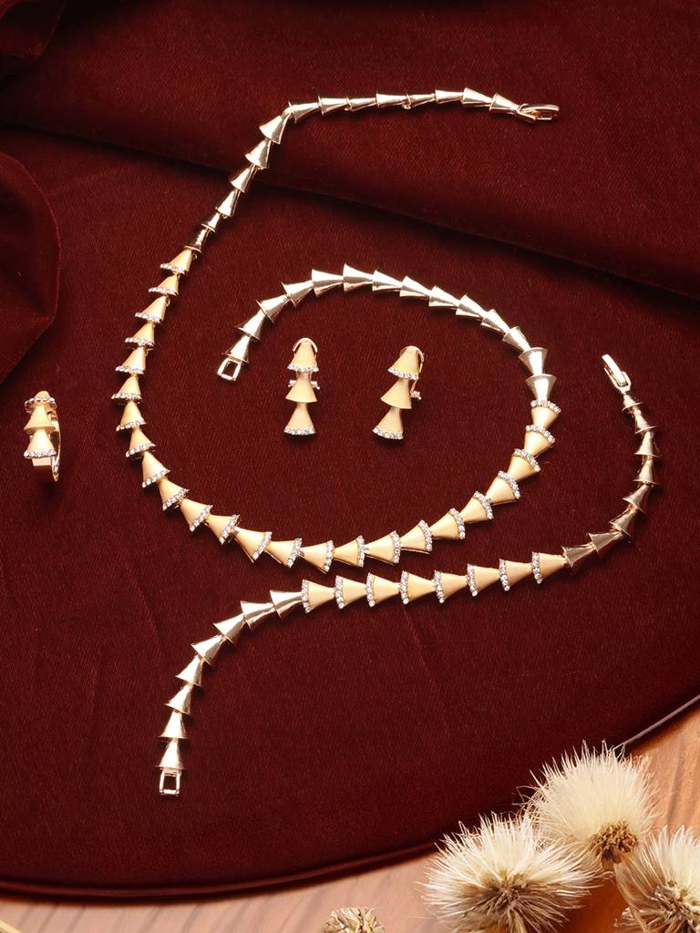 Anti-Tarnish 18K Gold Plated Ad Studded Statement Link Combo Jewellery Set : STNK8181