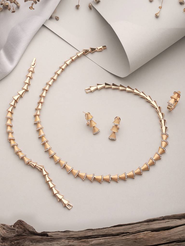 Anti-Tarnish 18K Gold Plated Ad Studded Statement Link Combo Jewellery Set : STNK8181