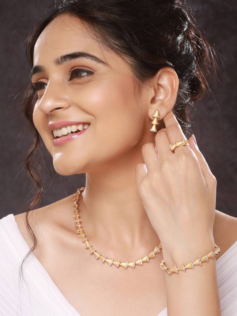 Anti-Tarnish 18K Gold Plated Ad Studded Statement Link Combo Jewellery Set : STNK8181