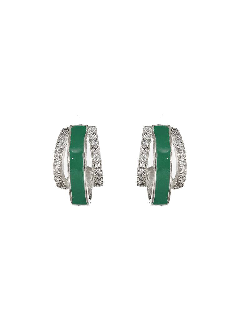 Silver Plated Green Enamelled Ad Studded Bali Hoop Earrings : STER8186