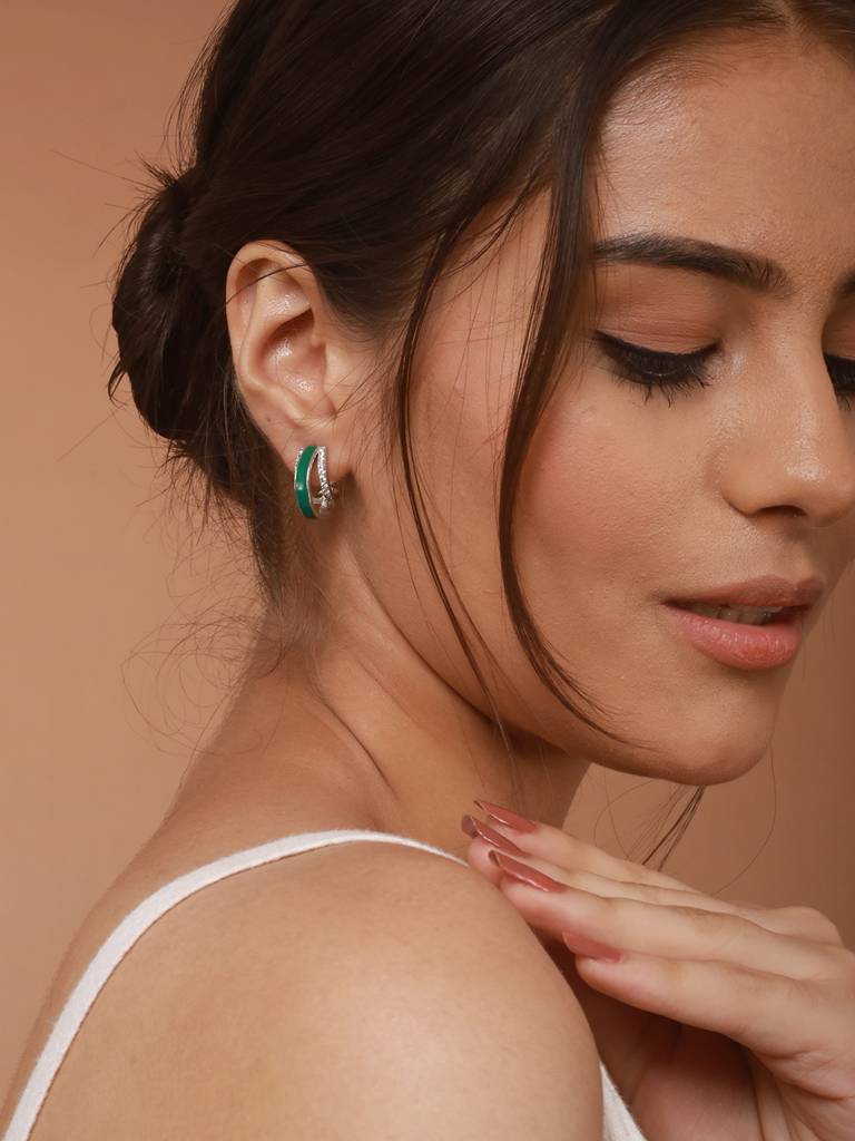 Silver Plated Green Enamelled Ad Studded Bali Hoop Earrings : STER8186