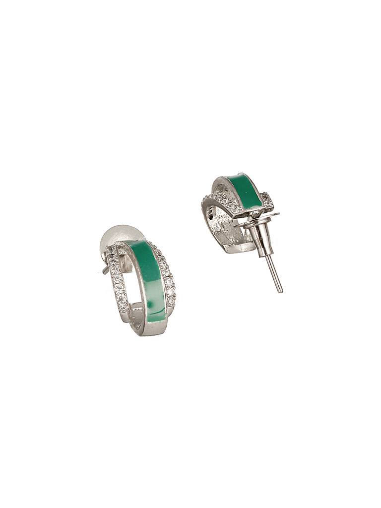 Silver Plated Green Enamelled Ad Studded Bali Hoop Earrings : STER8186