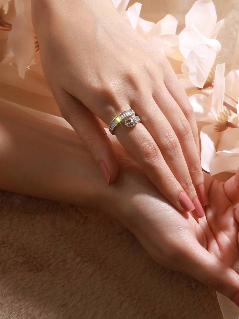Silver Plated Buckle Design Cz Studded Minimal Band Finger Ring : STRG8189